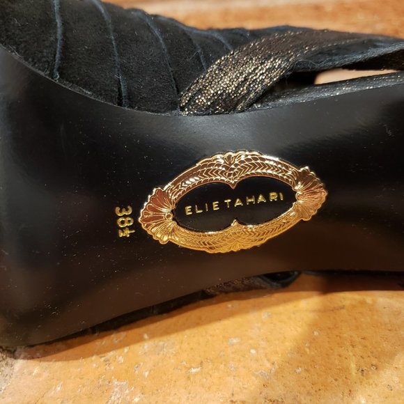 Elie Tahari Black/Gold Woven Suede Peep Toe Mid-Calf Bootie Size 38 1/2 - Picture 5 of 7